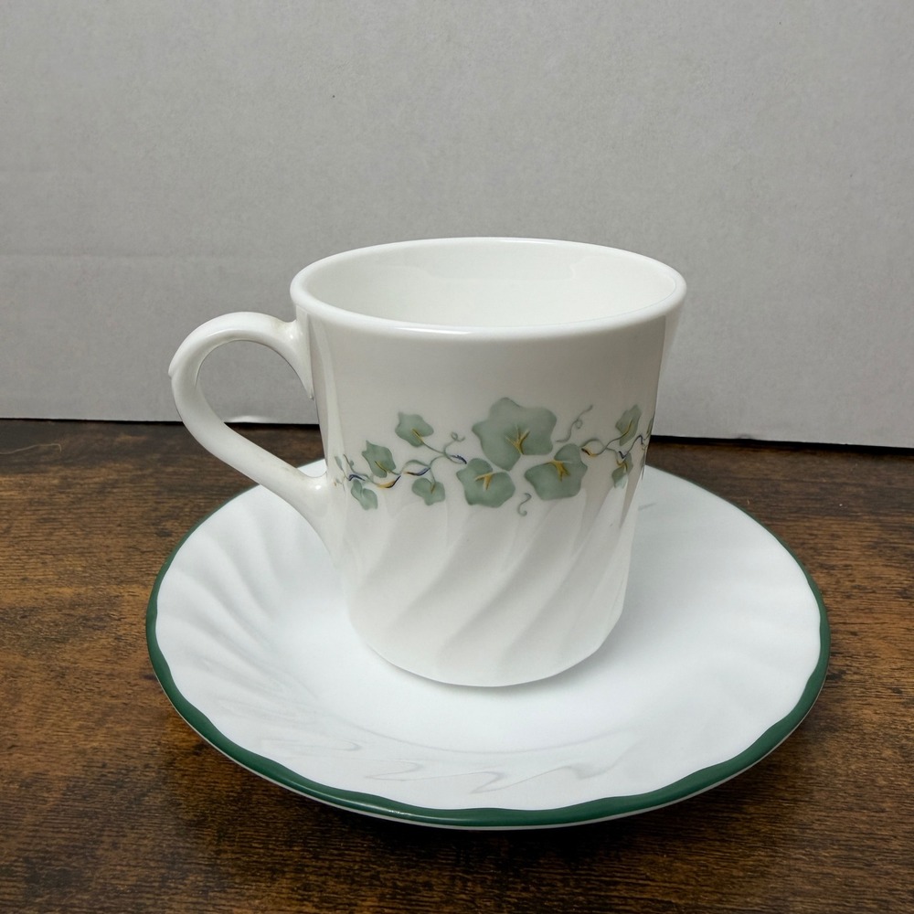 Corelle Callaway Ivy Cup and Saucer Set Tea Mug White Green Swirl Glass USA Vtge